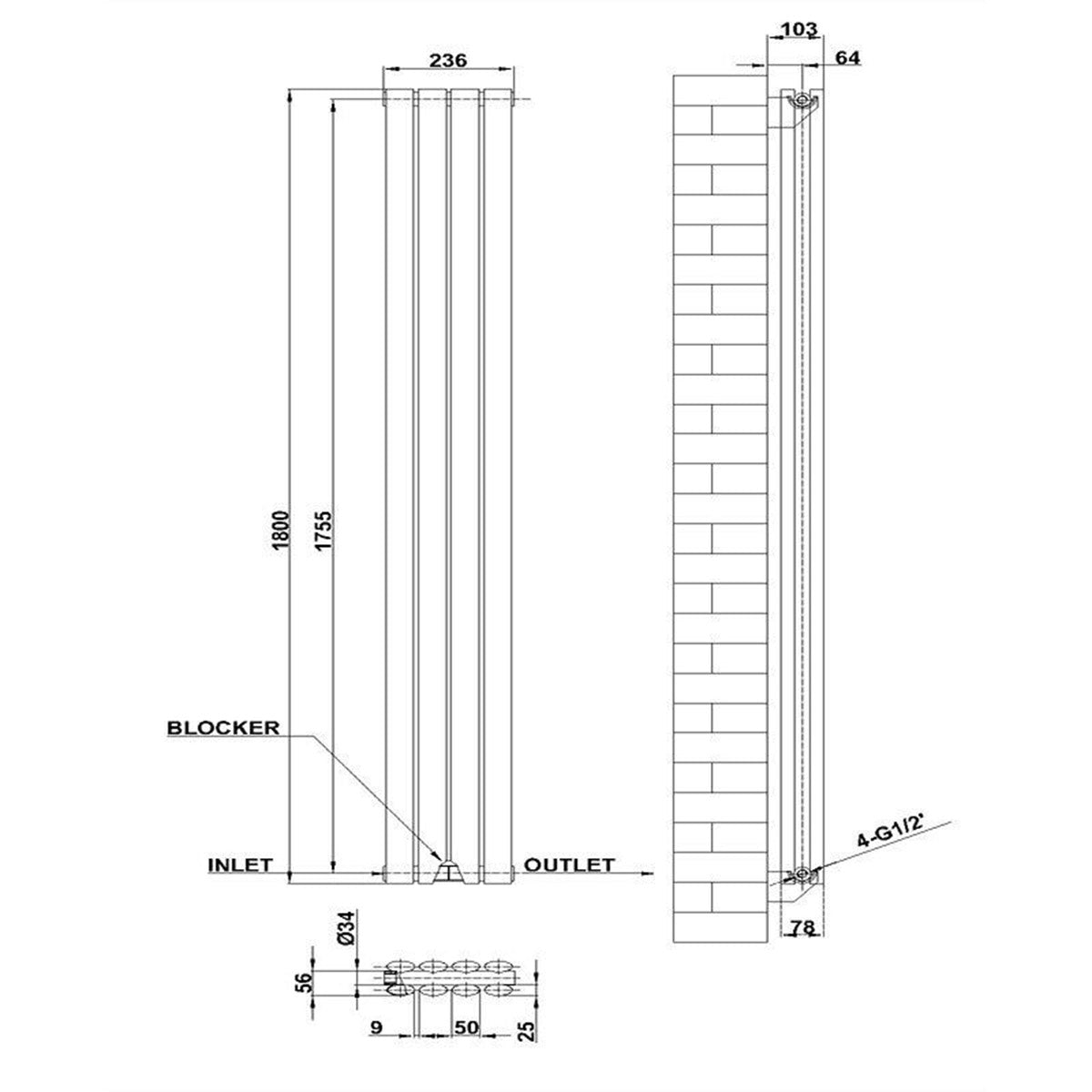 1800 x 236 mm Vertical Double Oval Tube Anthracite Radiator